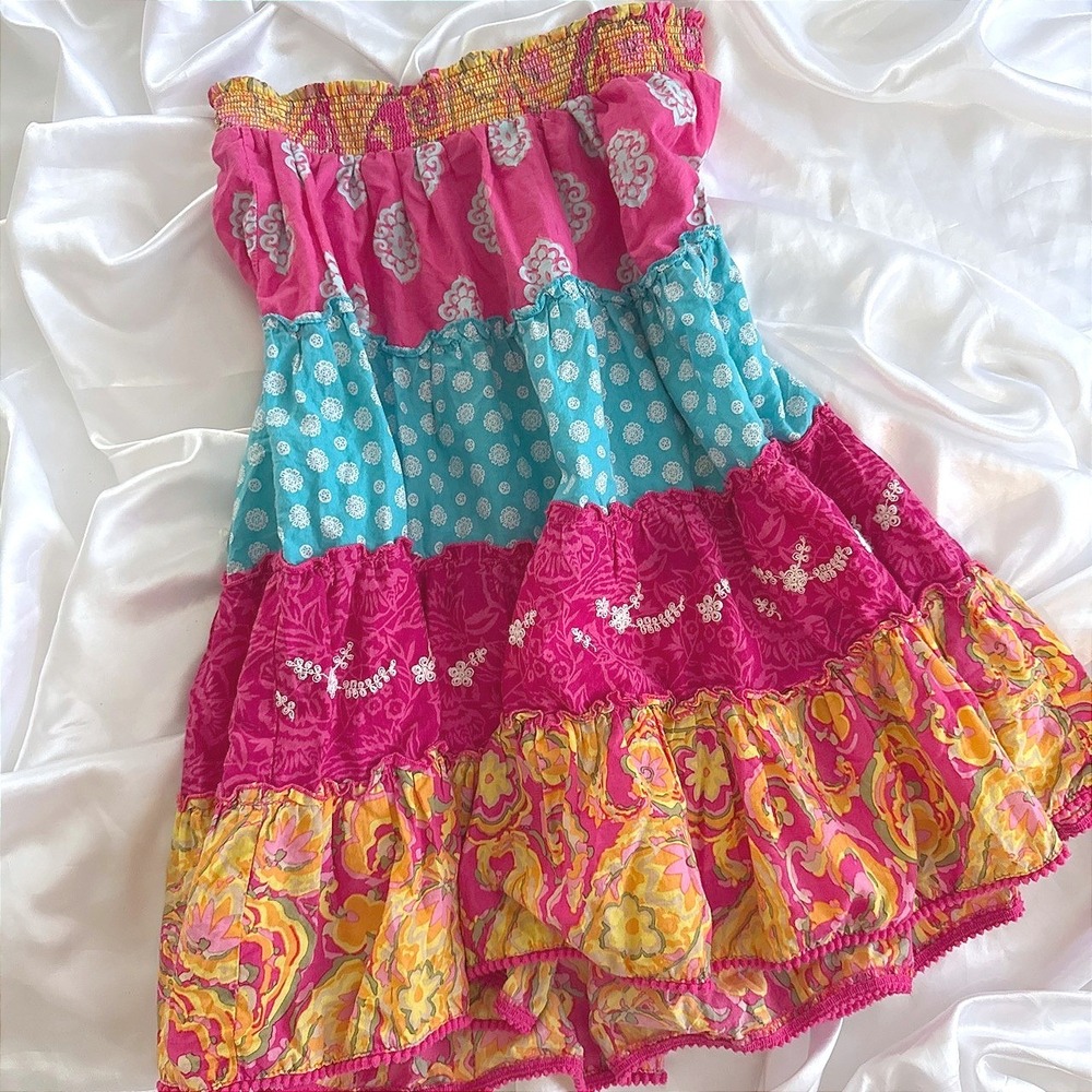 The Childrens Place Est 1989 Pink Teal Floral Tiered Smocked Skirt Size 14